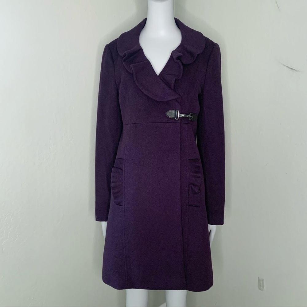 TIBI Wool Eggplant Plum Coat With Ruffle Detail and Toggle Closure Size 6 - Picture 3 of 16